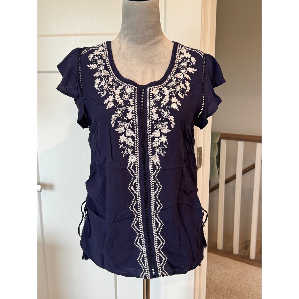 Fourteenth Place Navy Blue Embroidered Boho Tassel Blouse Medium Womens Flutter
